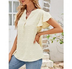 여성 여름 캐주얼 V 넥 탑 프릴 반소매 튜닉 스위스 도트 Dressy Flowy 블라우스 셔츠 2023