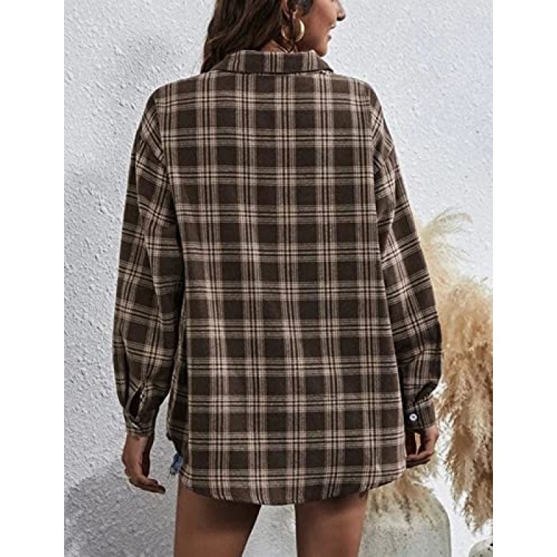 HangNiFang Womens Flannel Plaid Shirts 오버사이즈 경량 버튼 다운 셔츠 블라우스