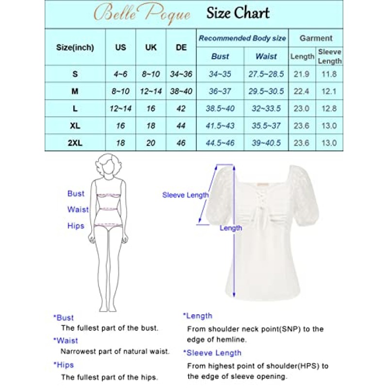 Belle Poque 여성용 빈티지 아일렛 탑 스퀘어 넥 셔링 레이스 업 프론트 짧은 퍼프 슬리브 블라우스 셔츠