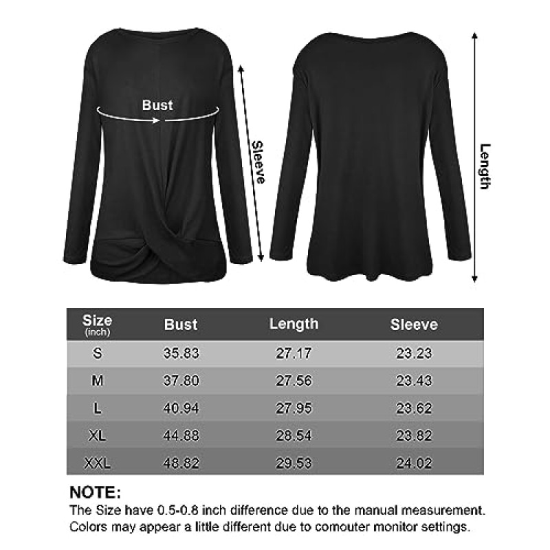 HRUTANE 여성용 긴팔 튜닉 탑 루즈핏 캐주얼 크루넥 셔츠 프론트 트위스트 탑 티 블라우스
