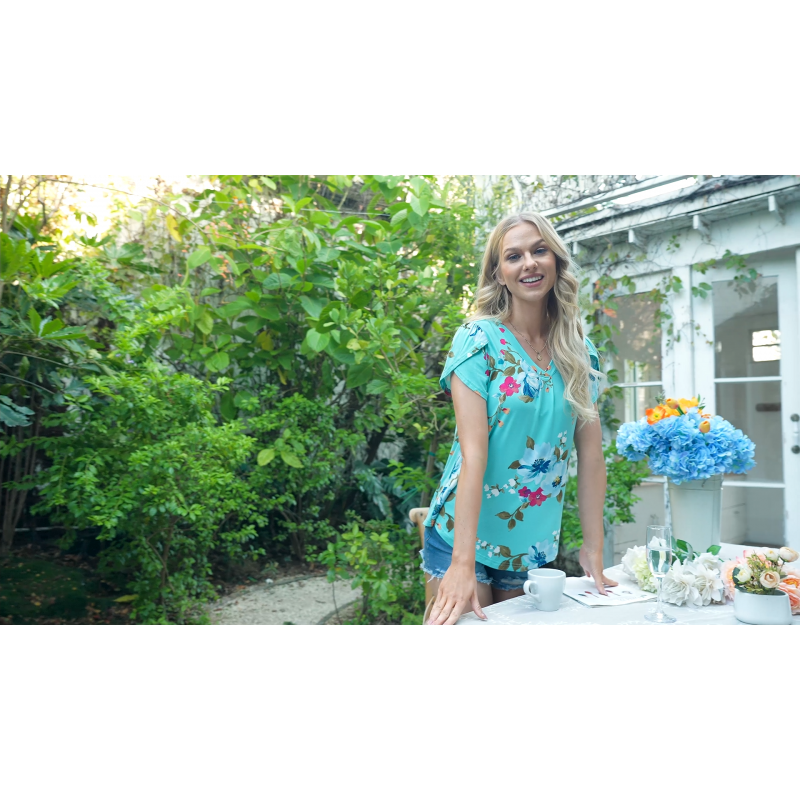 Bestbee 여성용 꽃잎 슬리브 탑 V 넥 반팔 셔츠 귀여운 여름 캐주얼 티셔츠 루즈 피트 블라우스