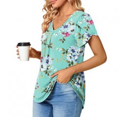 Bestbee 여성용 꽃잎 슬리브 탑 V 넥 반팔 셔츠 귀여운 여름 캐주얼 티셔츠 루즈 피트 블라우스