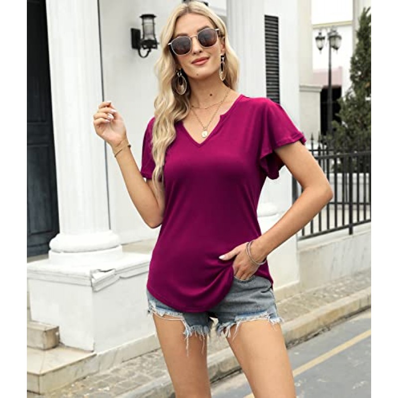 여성 여름 캐주얼 탑 프릴 슬리브 블라우스 V 넥 솔리드 귀여운 튜닉 셔츠