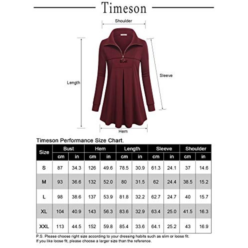 Timeson 여성용 긴 소매 쿼터 지퍼 라펠 튜닉 탑 체크 무늬 풀오버 스웨트셔츠