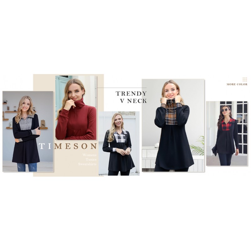 Timeson 여성용 긴 소매 쿼터 지퍼 라펠 튜닉 탑 체크 무늬 풀오버 스웨트셔츠