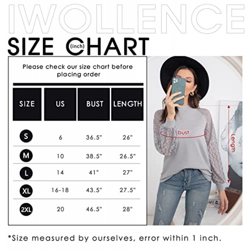 IWOLLENCE 여성용 와플 니트 블라우스 퍼프 롱/반소매 레이스 탑 캐주얼 루즈 티셔츠