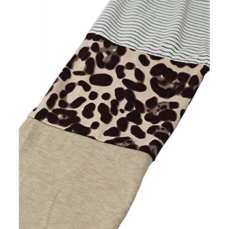 여성용 레오파드 프린트 탑 긴 소매 크루 넥 패치 워크 T 셔츠 블라우스