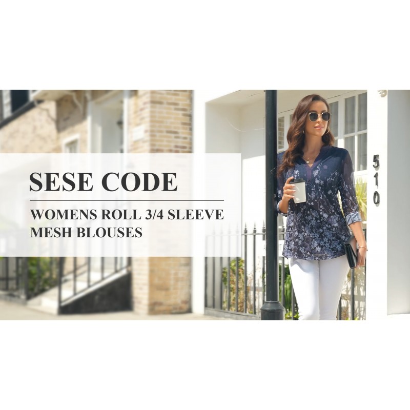 SeSe Code 여성용 롤 3/4 슬리브 메쉬 블라우스 V 넥 튜닉 탑 레이어드 셔츠