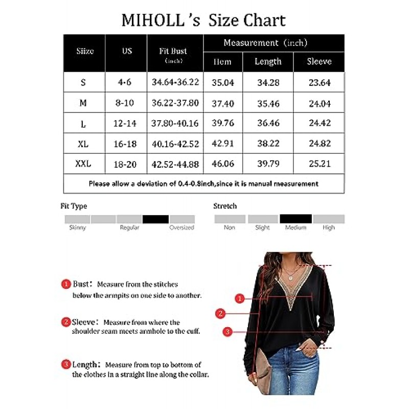 MIHOLL Womens 긴 소매 티셔츠 캐주얼 레이스 V 넥 탑 Dressy Button 커프 블라우스 튜닉 탑