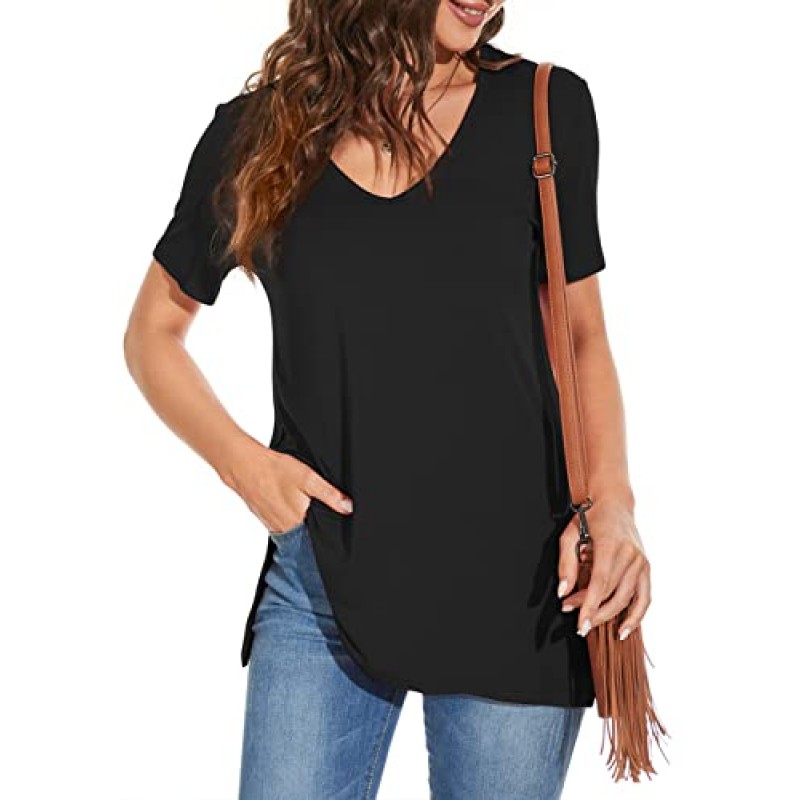 여성용 V 넥 티셔츠 탑 캐주얼 반소매 사이드 슬릿 루즈 튜닉 셔츠