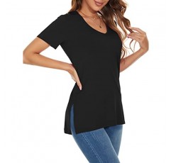 여성용 V 넥 티셔츠 탑 캐주얼 반소매 사이드 슬릿 루즈 튜닉 셔츠
