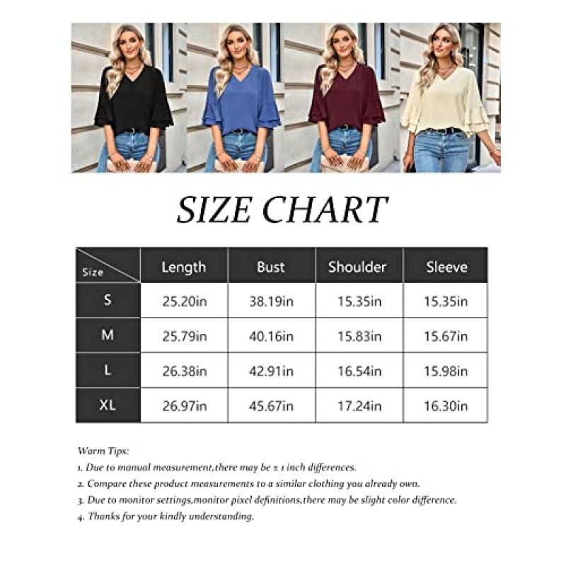 Flygo 2023 여성 여름 솔리드 컬러 루즈 피팅 시폰 블라우스 3/4 벨 슬리브 플로위 셔츠 Dressy Casual Cute Summer Tops