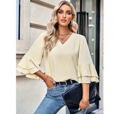 Flygo 2023 여성 여름 솔리드 컬러 루즈 피팅 시폰 블라우스 3/4 벨 슬리브 플로위 셔츠 Dressy Casual Cute Summer Tops