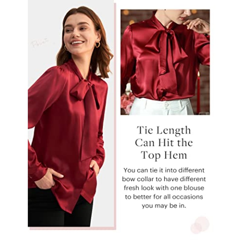 LilySilk 나비 넥타이 넥 실크 블라우스 여성용 긴 소매 여성용 탑 버튼 VintageReal 실크 셔츠