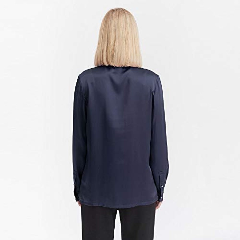 LilySilk 실크 셔츠 여성용 기본 공식 오피스 빈티지 긴 소매 진주 버튼 다운 실크 블라우스 탑 여성용