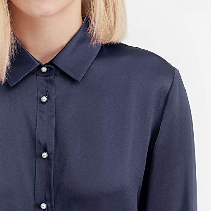 LilySilk 실크 셔츠 여성용 기본 공식 오피스 빈티지 긴 소매 진주 버튼 다운 실크 블라우스 탑 여성용