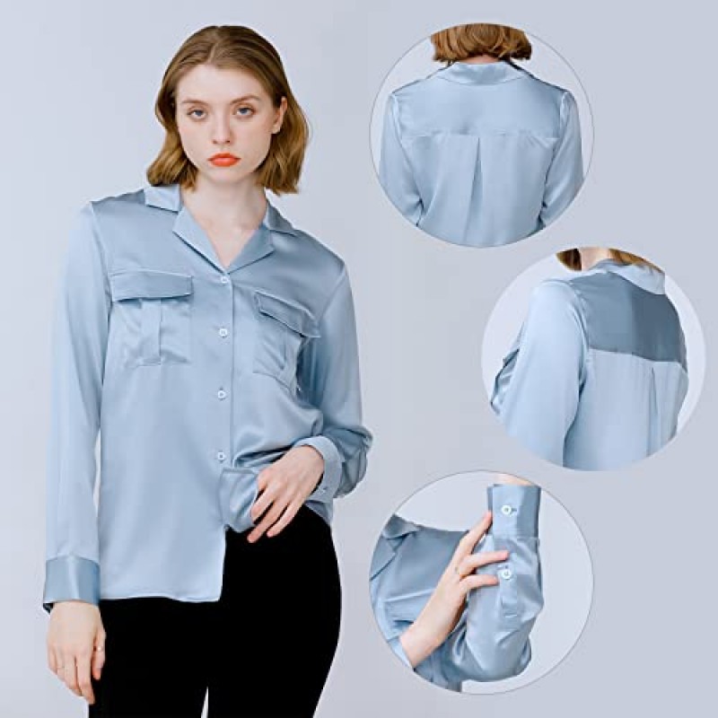 여성용 세리쿰 실크 블라우스 100% 순수 실크 긴팔 쿨 스무스 탑 22 Momme Real Silk Shirt