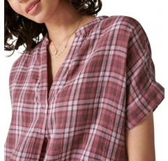 럭키 브랜드 여성용 반팔 체크 무늬 팝오버 셔츠