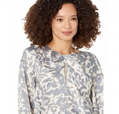 BCBGMAXAZRIA 여성용 편안한 탑 팔꿈치 벨 슬리브 라운드 넥 트위스트 매듭 신치 허리 새시 타이 셔링 셔츠