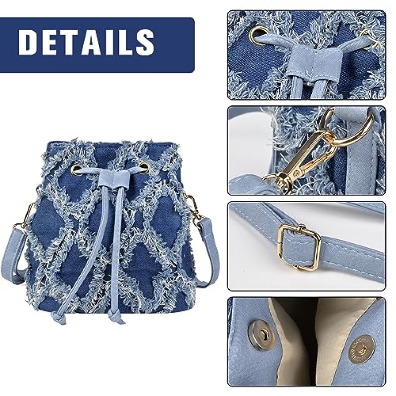 QZUnique 여성 데님 미니 버킷 백 크로스 바디 지갑 숄더 핸드백 Drawstring Quilted Tassel Barrel Shape Satchel Tote Bag