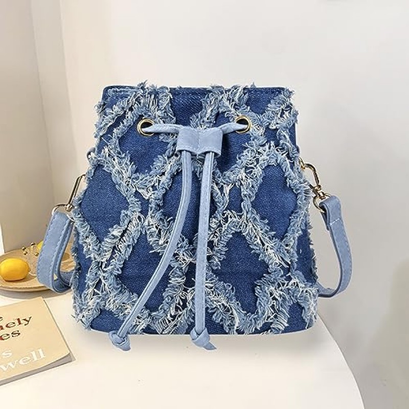 QZUnique 여성 데님 미니 버킷 백 크로스 바디 지갑 숄더 핸드백 Drawstring Quilted Tassel Barrel Shape Satchel Tote Bag