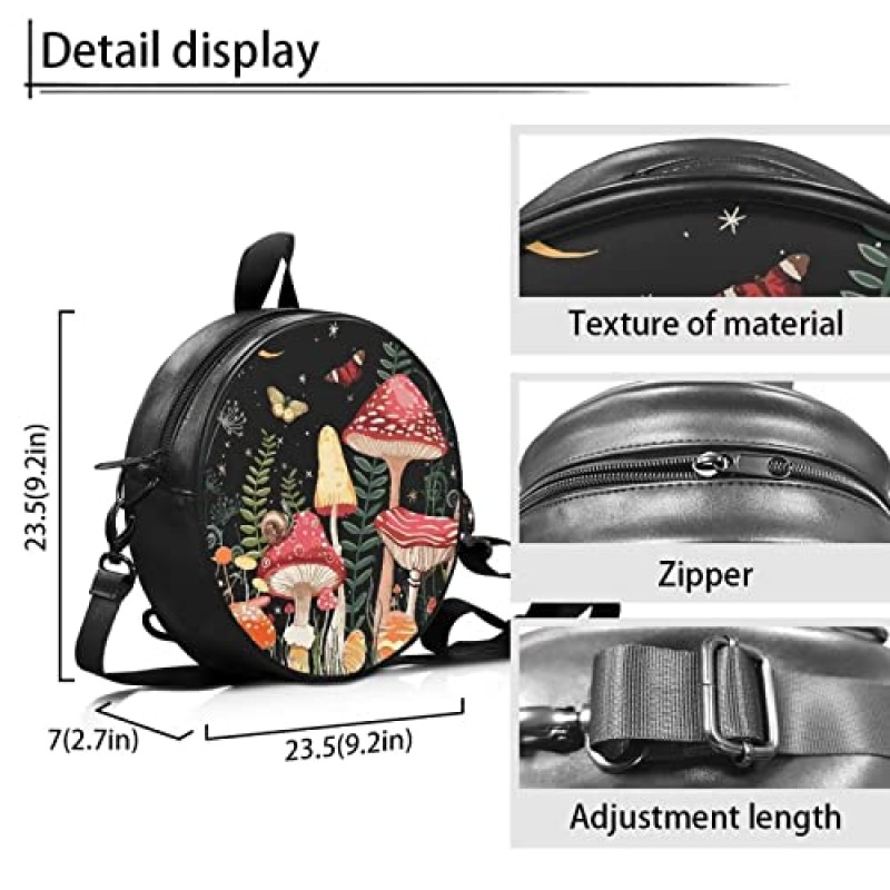 Showudesigns 나비 버섯 여성용 작은 크로스 바디 백 미니 가방 핸드백 어깨 가방 십대 소녀를위한 라운드 메신저 백 가죽 핸드폰 가방 미니 배낭 선물 문 나이트 블랙