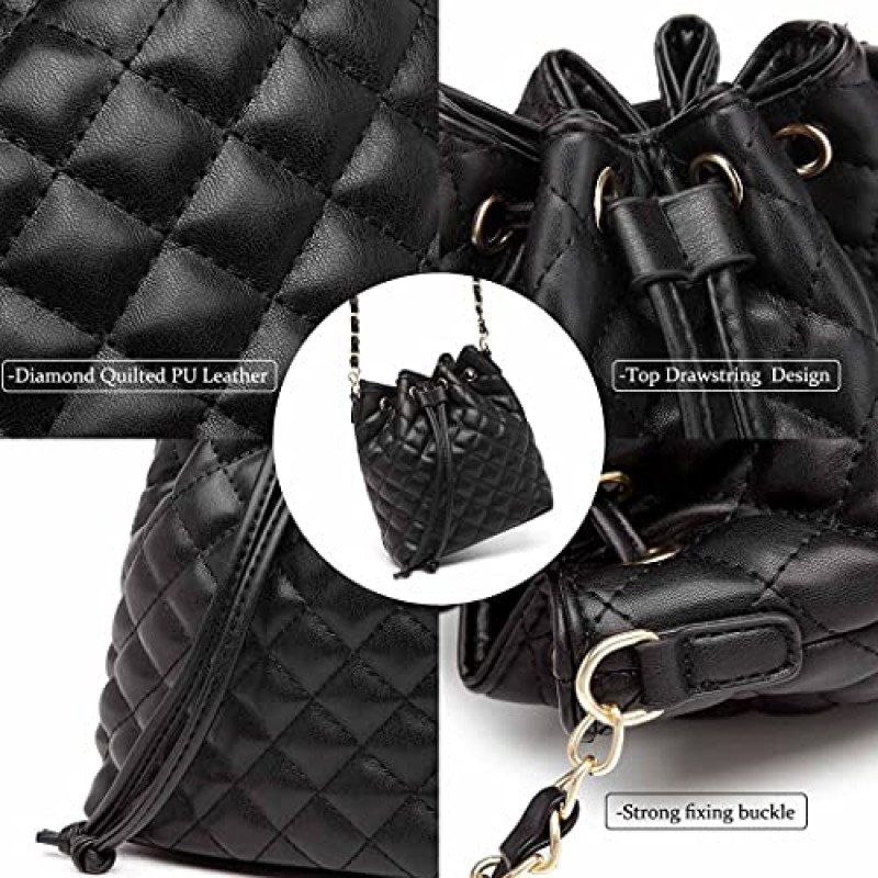 MCK 퀼팅 버킷 크로스바디 백 및 여성용 지갑 Drawstring Soft Vegan Leather 숄더백