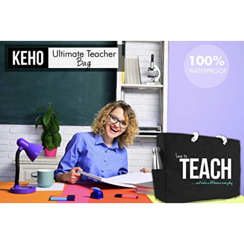 Keho XXL Ultimate Teacher 방수 멀티 포켓 토트 숄더백(대형) - 교사 감사를 위한 완벽한 사용 가능 선물, 편안한 로프 핸들 및 완벽한 작업 가방