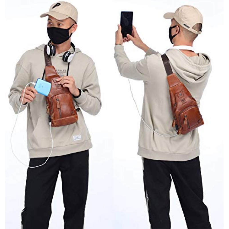 BULLCAPTAIN 가죽 슬링 백 남성용 가슴 가방 캐주얼 숄더 크로스 바디 백 여행용 배낭 USB 충전 포트가있는 데이 팟
