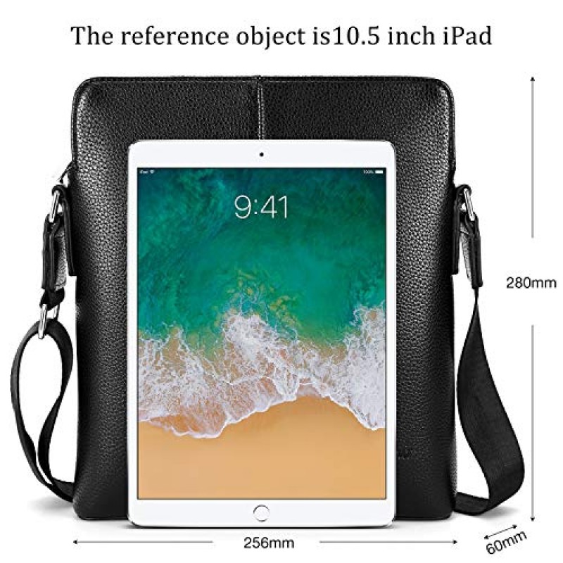 YumSur 남성용 숄더백, 가죽 메신저 핸드백 크로스바디 백 남성용 지갑 iPad 가방 비즈니스 사무용 학교용 조절 가능한 스트랩 블랙
