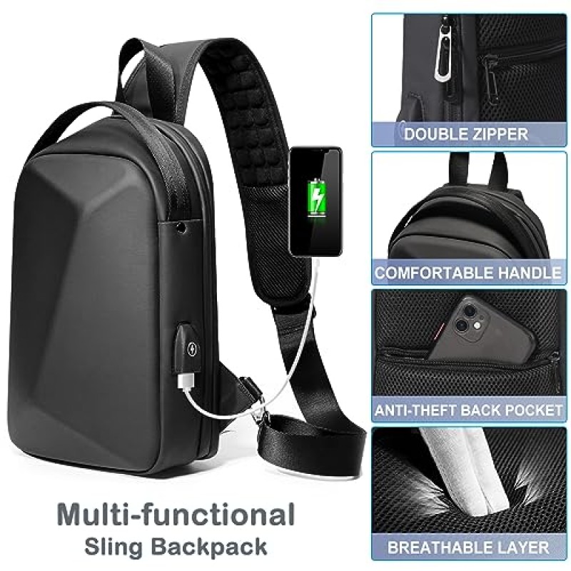 FENRUIEN USB 포트가 있는 도난 방지 크로스바디 슬링 백, 소매치기 방지 하드 쉘 원 스트랩 백팩 가슴 가방 데이팩 남성 및 여성을 위한 8.3인치 방수 여행 하이킹