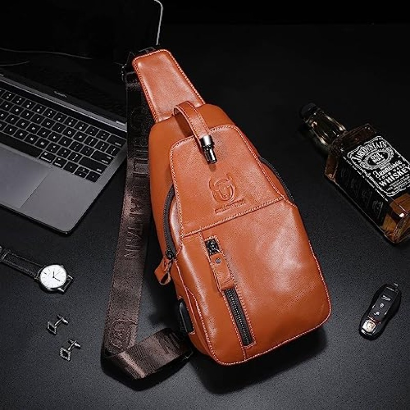 BULLCAPTAIN 정품 가죽 슬링 백 남성용 크로스 바디 백팩 하이킹 캐주얼 데이 팟 어깨 가슴 가방 (USB 충전 포트 포함)