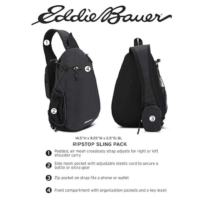 Eddie Bauer Ripstop 8L 숄더 슬링 팩, 패딩 처리된 에어 메쉬 조절 가능한 크로스바디 스트랩, 다크 에버그린, 원 사이즈