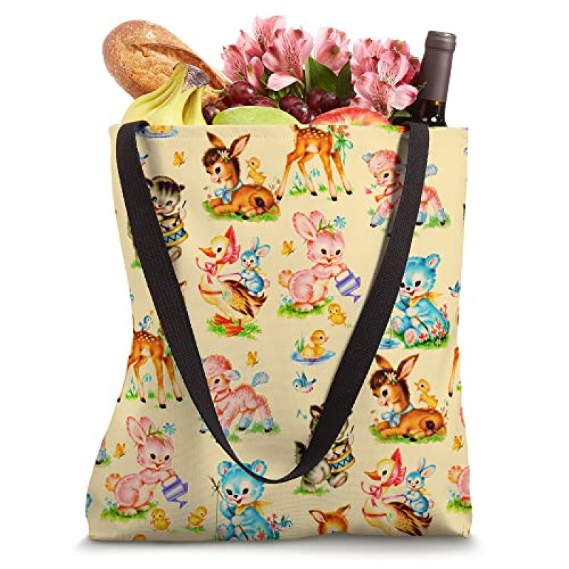 빈티지 아기 동물 복고풍 보육 동물 Dollette 노란색 토트 백
