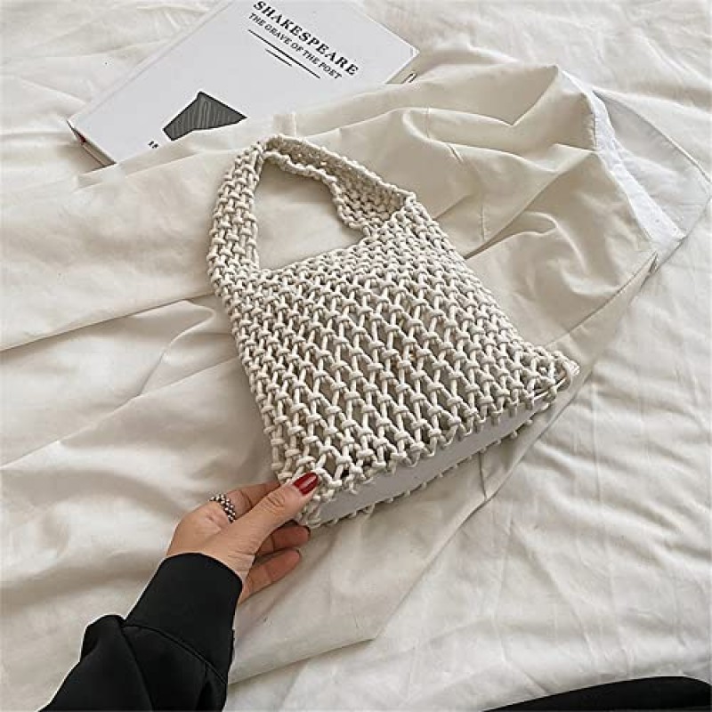 여성 클러치 핸드백 토트 코튼 크로 셰 뜨개질 버킷 탑 핸들 Drawstring 여름 해변 짠 낚시 그물 파우치 지갑