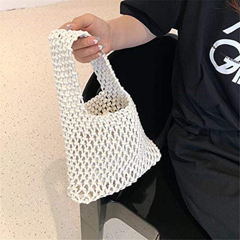 여성 클러치 핸드백 토트 코튼 크로 셰 뜨개질 버킷 탑 핸들 Drawstring 여름 해변 짠 낚시 그물 파우치 지갑