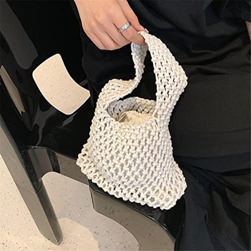 여성 클러치 핸드백 토트 코튼 크로 셰 뜨개질 버킷 탑 핸들 Drawstring 여름 해변 짠 낚시 그물 파우치 지갑