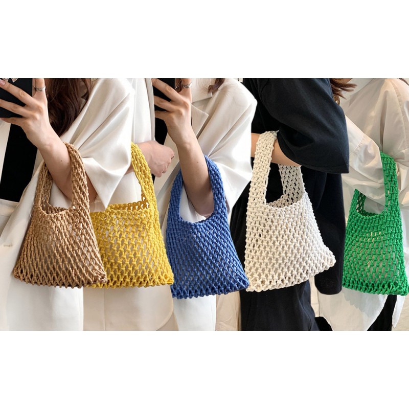 여성 클러치 핸드백 토트 코튼 크로 셰 뜨개질 버킷 탑 핸들 Drawstring 여름 해변 짠 낚시 그물 파우치 지갑