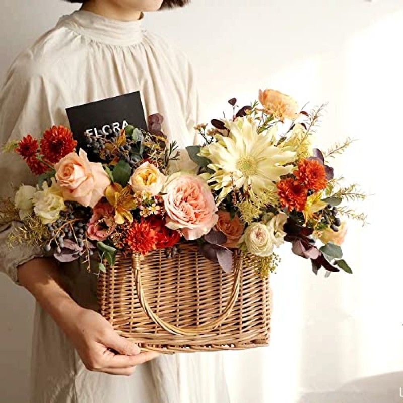 QTMY 활 등나무 짠 가방 밀짚 가방 탑 핸들 고리 버들 바구니 핸드백 Boho 스타일 비치 가방 꽃 바구니