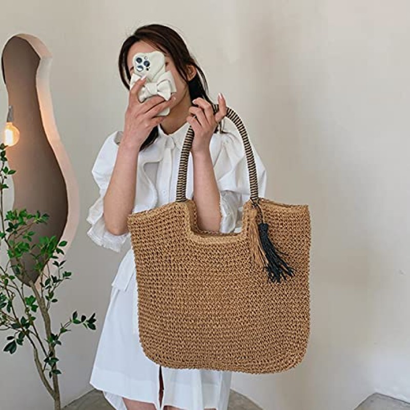 손으로 짠 밀짚 가방 여성을위한 여름 여행 밀짚 비치 가방 스퀘어 탑 핸들 밀짚 핸드백