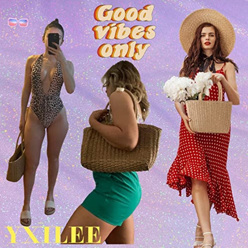 YXILEE 지퍼 밀짚 가방 | 여행 바닷가를 위한 밀짚 지갑에 의하여 길쌈되는 여자의 Handmade 길쌈 여름 핸드백