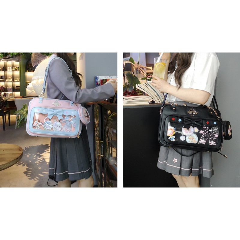 Eien Kaliforua Ita Bag 귀여운 JK 유니폼 가방 이중 창 달콤한 PU 가죽 ita Bag Kawaii 핀 가방 + 귀여운 작은 가방