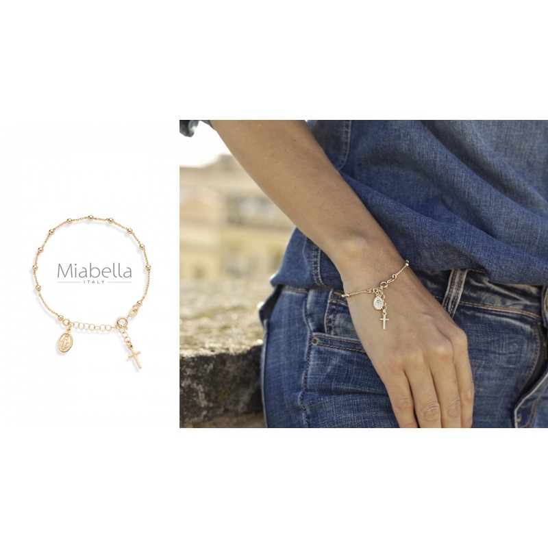 Miabella 18K 골드 오버 스털링 실버 이탈리아 묵주 크로스 비드 참 링크 체인 팔찌 여성용 십대 소녀, 조절 가능, 925 Made in Italy