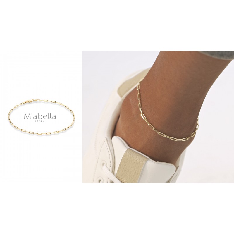 Miabella 솔리드 925 스털링 실버 또는 18Kt 옐로우 골드 오버 실버 이탈리안 2.5mm 페이퍼클립 링크 체인 여성용 발목 팔찌, 이탈리아산