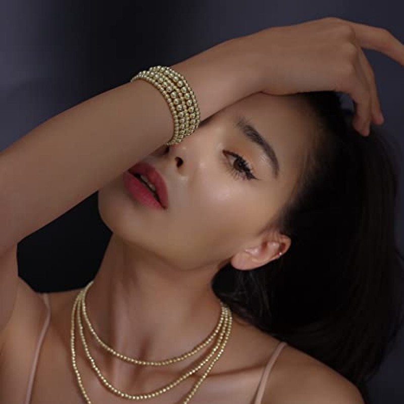 여성을위한 Badu 골드 구슬 팔찌 14K 골드 도금 구슬 볼 팔찌 Stretchable 탄성 저자 극성 보헤미안 쌓을 수있는 팔찌