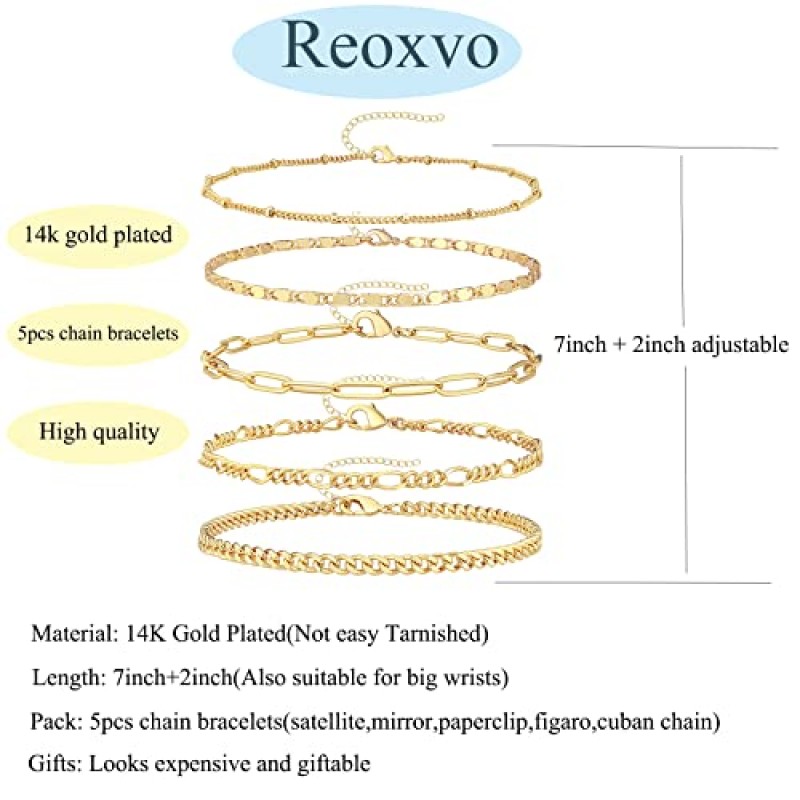 Reoxvo 우아한 골드 체인 팔찌 여성을위한 설정 14K 진짜 골드 도금 링크 체인 팔찌 쥬얼리 선물을위한 유행 골드 쌓을 수있는 팔찌 여성 조절 가능 7 
