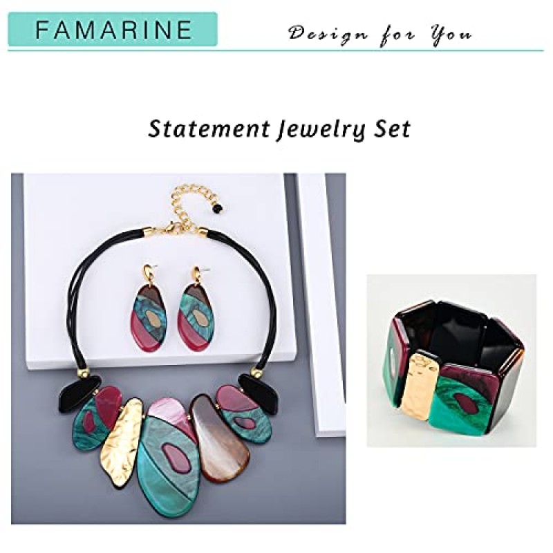 FAMARINE 빈티지 부족 Chunky 칼라 목걸이, 기하학 아크릴 펜던트 턱받이 Statment 목걸이 여성을위한 여러 가지 빛깔의 의상 보석