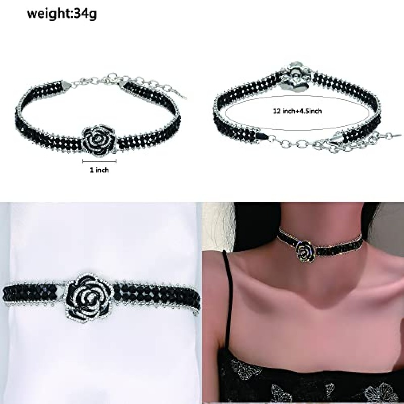HSQYJ 패션 블랙 에나멜 장미 꽃 라인 석 초커 Neckalce 반짝 이는 크리스탈 비드 체인 Chunky 의상 웨딩 신부 보석 여자 실버 도금