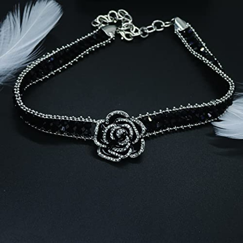 HSQYJ 패션 블랙 에나멜 장미 꽃 라인 석 초커 Neckalce 반짝 이는 크리스탈 비드 체인 Chunky 의상 웨딩 신부 보석 여자 실버 도금