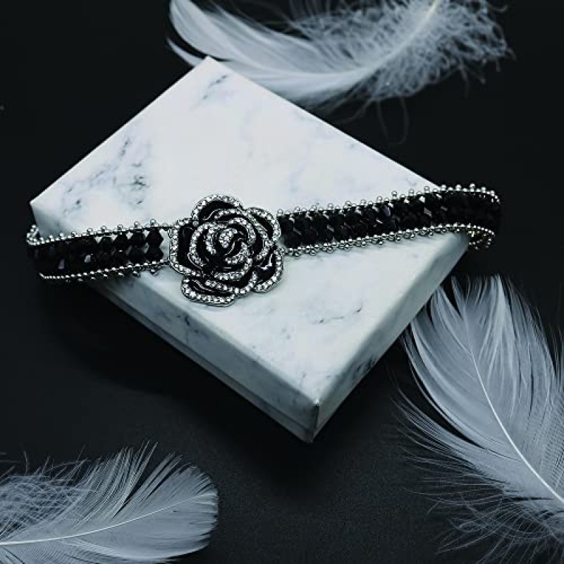 HSQYJ 패션 블랙 에나멜 장미 꽃 라인 석 초커 Neckalce 반짝 이는 크리스탈 비드 체인 Chunky 의상 웨딩 신부 보석 여자 실버 도금